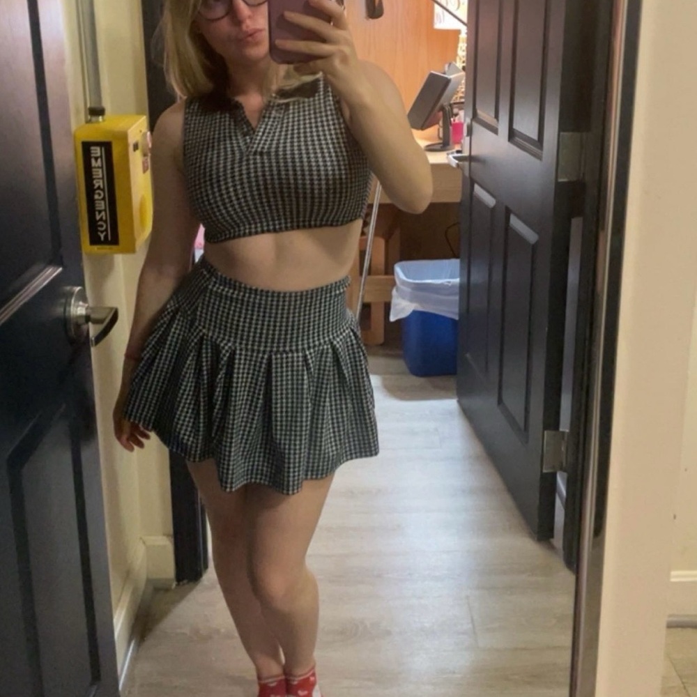 Black and White Houndstooth Crop Top and Skirt Set